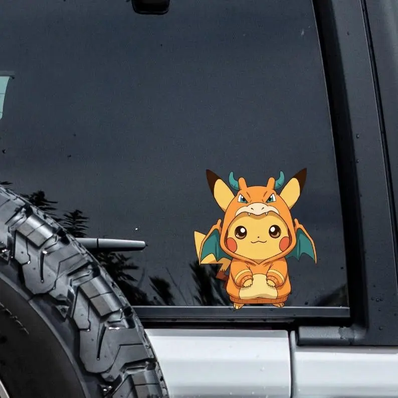 Cute Pikachu in Charizard Hoodie – Kawaii Peeker Sticker, Cute Anime Sticker | Waterproof Vinyl Decal for Laptop, Water Bottle, Car, Gamer Gift