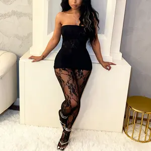 Your Beauty Exclusive Lace Dress Set Semi-Sheer Mesh Leggings Outfits for Women Red Off Shoulder Tube Top Bodycon High Waist Pants Casual Formal Wear Clothes Crop Elegant Stretchy Polyester Fabric Suits Matching Style Elastic Black Chic Evening Statement