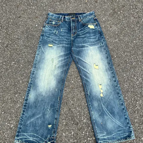 FroFooo Men's Vintage Distressed Straight Leg Jeans - 13.5oz Loose Cotton Fabric Jeans, 1990s Chic Draped Aesthetic Streetwear, Relaxed Casual Mens Clothing Outdoor Pants