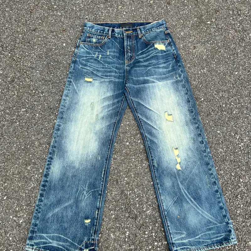 FroFooo Men's Vintage Distressed Straight Leg Jeans - 13.5oz Loose Cotton Fabric Jeans, 1990s Chic Draped Aesthetic Streetwear, Relaxed Casual Mens Clothing Outdoor Pants