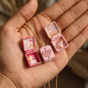 Gold Plated Openable Mini House Locket Necklace, Diorama Interior Design (Bedroom, Kitchen) Cute Girly Clavicle Pendant Costume Jewelry
