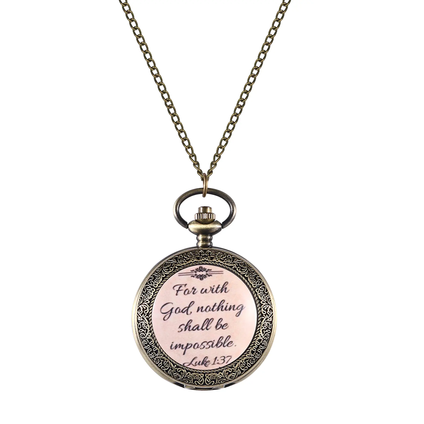 OIDEA Christian Engraved Inscription Pocket & Fob Watch Necklace, 30.7" Alloy Chain, Antique Bronze Quartz Watch with Luke 1:37 "With God Nothing Impossible", Numeral Dial, Unisex Fashion Accessory for Graduations, Confirmations, Pocket Watch Necklace