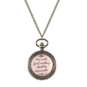 OIDEA Bible Luke Verse Pocket Watch, Quartz Antique Bronze Necklace Watch, "With God Nothing Impossible" Engraved Case, Christian Gift