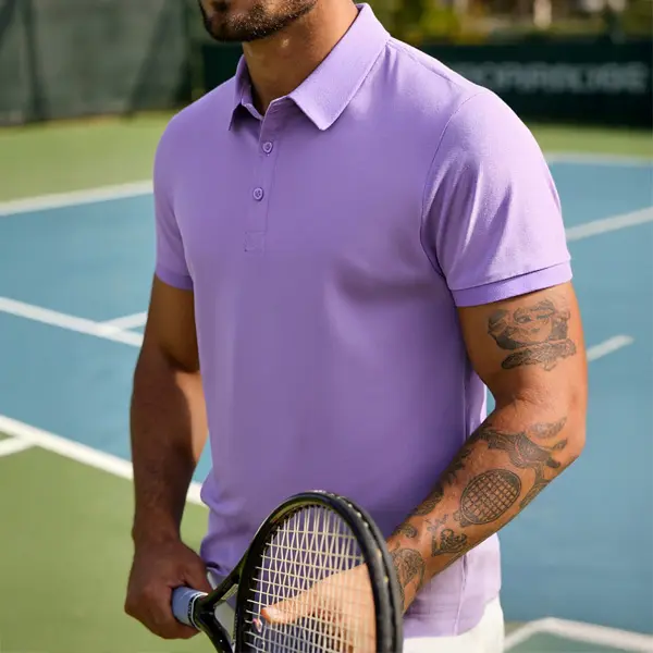 Men's Fitted Plain Short-Sleeve Button Polo Shirt - Retro Classic, Smart Casual Menswear Top for Everyday & Office Wear