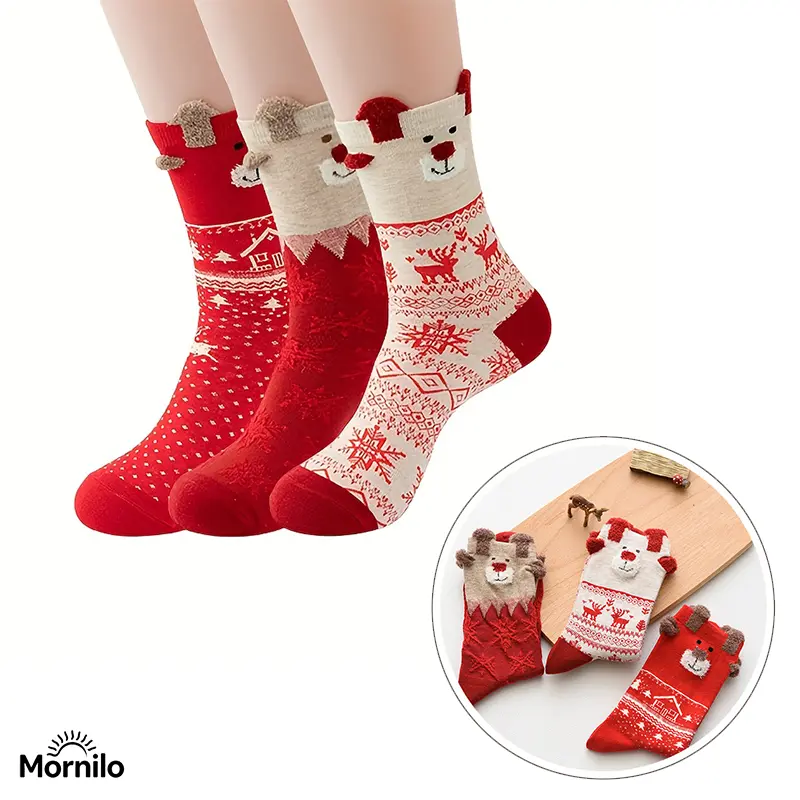 3 Pairs Women's Christmas Crew Socks, Cute 3D Ear Cartoon Winter Socks, Warm Cozy Soft Long Socks, Holiday Christmas Stocking Stuffers, Cute Casual Crew Socks for Women, Christmas Gifts, Daily Wear, Autumn Winter,Outdoor