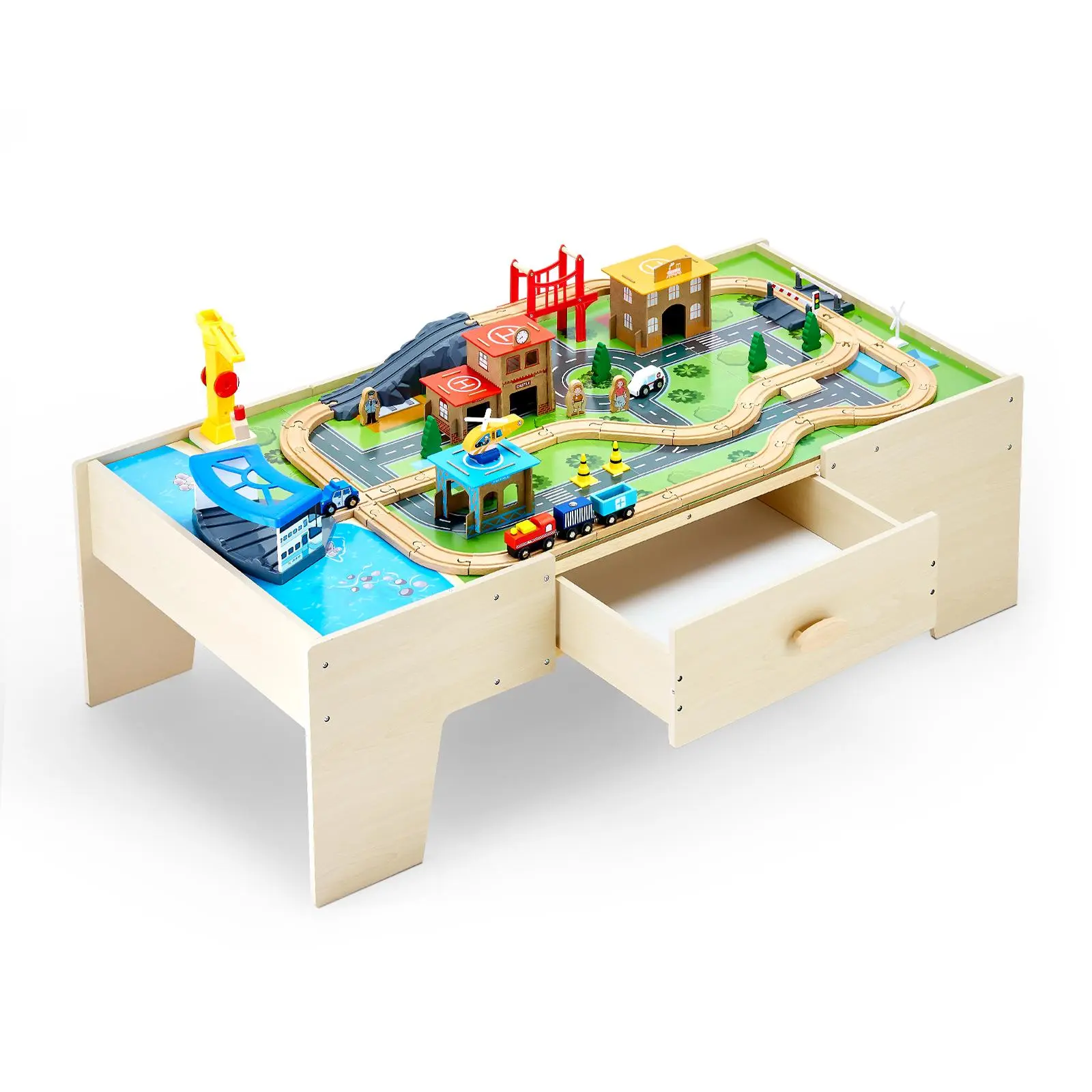 VEVOR Sturdy 3-in-1 Reversible Wooden Train Table for Ages 3+, 62 Multicolor Pieces with Train Tracks, Construction Toy Set Buildings, Wooden Tabletop, Large Storage Drawer, Kids' Study Table