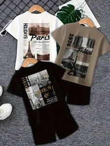City Theme Print Short Sleeve Shorts Set for Boys, Casual Loose-Fit Summer, Paris New York London Trendy Pattern, Round Neck Top