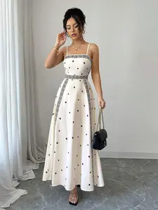 Women's Sleeveless Dress, French Embroidered Print Long Gown, Beach Vacation & Brunch Date, Bohemian Holiday Dress