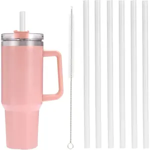 6 Pack Replacement Straws with Cleaning Brush Compatible Stanley 30 oz 40 oz Tumbler, Plastic, Clear