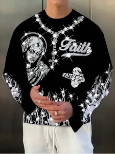 Trendy Rhinestone God Round Neck Crewneck Shirt, Long Sleeve, Fitted Polyester Fiber Short Top, Virgin Mary Flame Faith Full Print, Streetwear Religious Casual Style, Must-Have Sparkle Effect