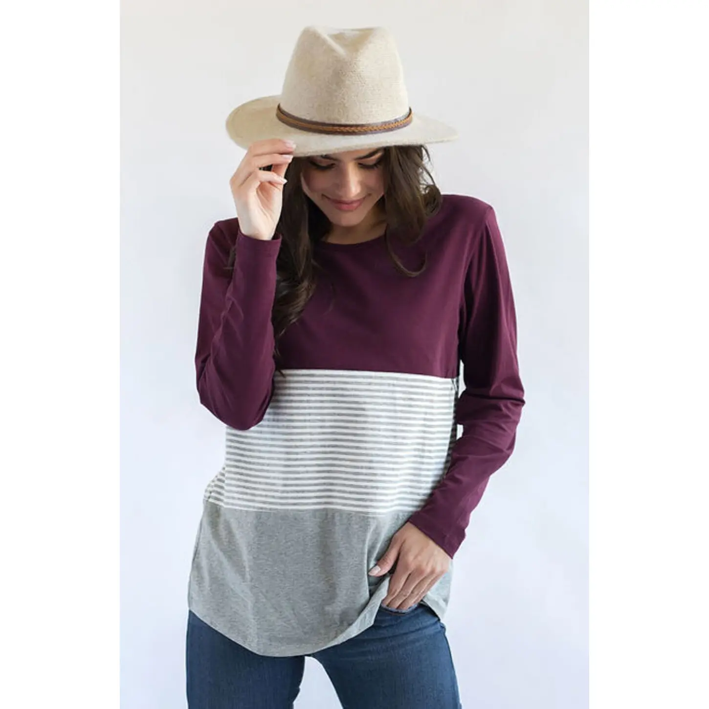Long Sleeve Cotton Nursing Top- 3 Block- Wine