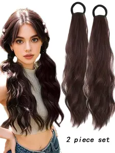 Wave Curl Ponytail Hair Extensions with Elastic Bands, Natural Color Synthetic Fiber, 18 Inch Pre-Braided Ponytails for Women Daily Use