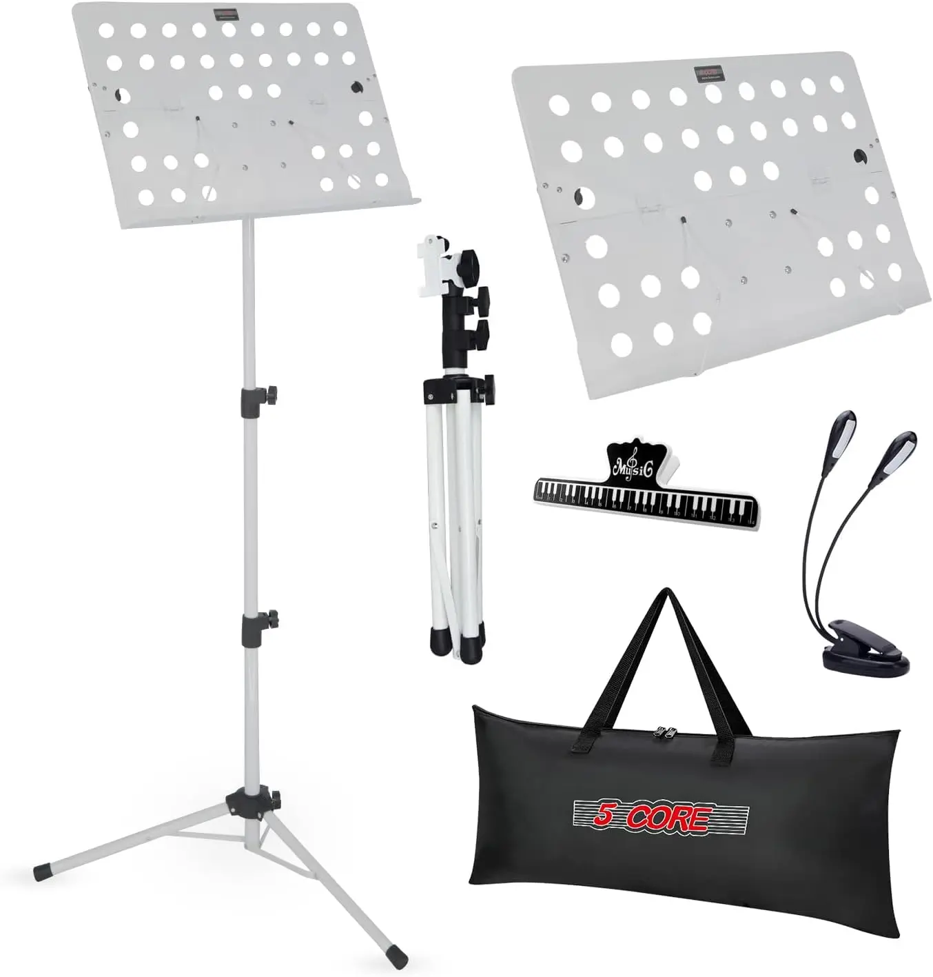 5 Core Adjustable Metal Music Stand - Iron Alloy Sheet Book Holder, Portable Folding with Bright LED Lights, Carrying Bag & Clip for Musicians (On Stage, Studio Use) White