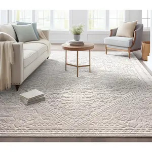 Cloud Medallion Heriz Soft Ivory Rug - High-Low Pile, Easy to Clean, Elegant Monochrome Traditional Pattern