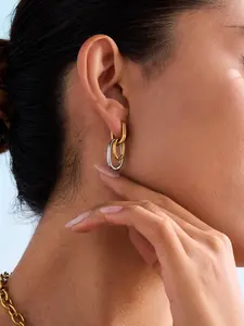 Ladies Earrings Gold And Silver Color Blocked Double Rings Hollowed Out U Shaped Ear Buckles Stainless Steel 18k Gold Plated Waterproof Anti Allergy Simple Fashionable And Elegant Women s Accessories Classic Style Earrings
