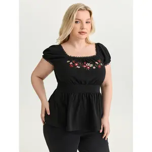 BLOOMCHIC Plus Size Lady's Cute Short-Sleeve Floral Embroidered Babydoll Top - Knit-Spandex Fabric, Perfect Fit Shirts Womenswear 2026 Summer Vibes Swimweek