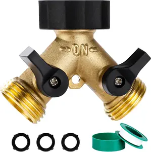 2-Way Garden Hose Splitter, Brass Y Connector with Double Shut-Off Valves, 3 Washers & Teflon Tape (1 Pack)