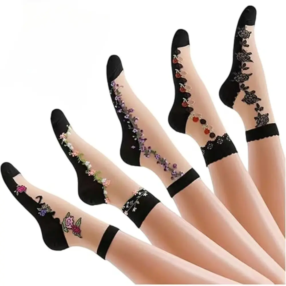 10 Pairs Women Sheer Lace Mesh Socks, Ultrathin Floral See Through Ankle Socks, Breathable Transparent Mid Tube Casual Socks for Spring & Summer