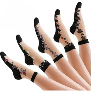 10 Pairs Vibrant Floral Patterned Glass Socks,Thin Lace Mesh Sheer Breathable Mid Tube Socks for Women,Comfortable Casual Socks