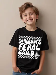 3-13YSomebodys Feral Child Graphic Kids T-Shirt - Black & White Checkered Streetwear Tee with Bold Lettering & Peace Sign Design, Short Sleeve Round Neck Casual Top for Boys & Girls,, Playful Childrens Clothing, Edgy Kids Fashion, Comfortable Fabric