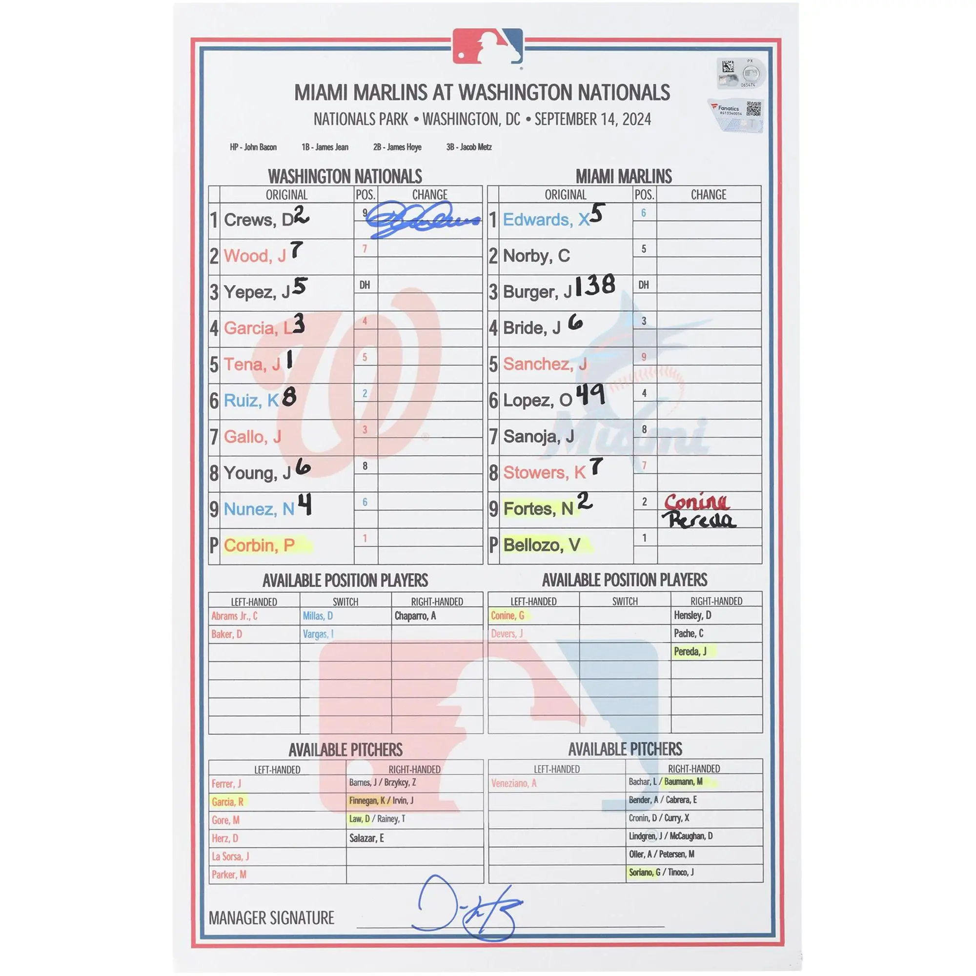 Dylan Crews Washington Nationals Autographed Game-Used Lineup Card vs. Miami Marlins on September 14, 2024 - Fanatics Authentic Certified