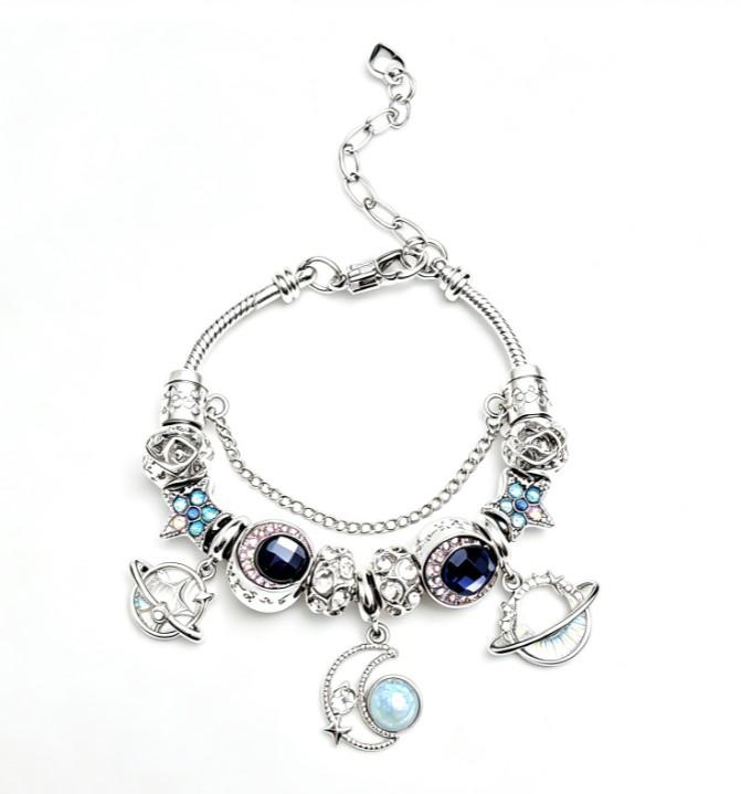 Cosmic Star Moon Planet Charm Bracelet, Silver Plated Adjustable Snake Chain Bracelet with Dark Blue Crystal Beads, Saturn Planet & Crescent Moon Pendant, Celestial Space Jewelry Gift for Women Teen Girls