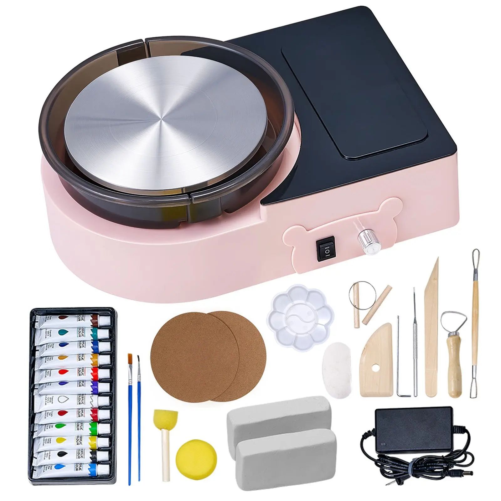 Mini Pottery Wheel – 6 inch Turntable with Forward & Reverse Rotation, Adjustable Speed. Complete Kit with Clay Shaping Tools, Paints, Palette, Clay, Brush & Apron. 30W Quiet Motor. For Kids & Adults. Home DIY, Pottery Classes. Pink