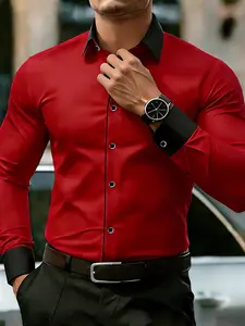 Luxury Business Men's Shirt 2026 Spring Contrast Collar, Long Sleeve Formal Wear for Weddings and Events, Elegant Party Top, Menswear, Lapel Collared Shirt
