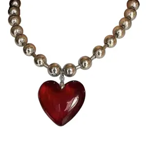 Solid Glass Heart Necklace Crystal Love Charm with Bead Chain