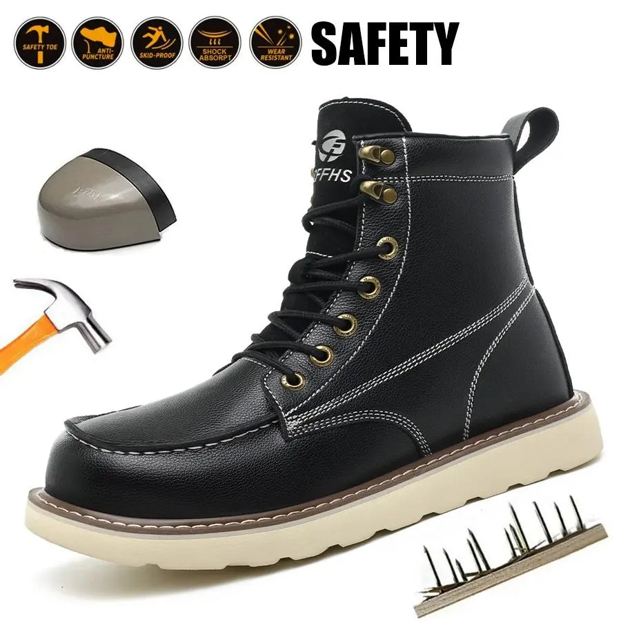 All Seasons Men’s High-Top Leather Steel Toe Work Boots, Athletic Workwear Safety Shoes, Round Closed Breathable Fabric, Anti-Smashing Anti-Penetration Shock Absorption, Chic Protective Footwear, Father’s Day Gift