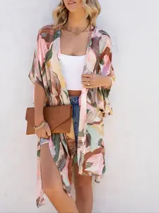 Women's All Over Print Half Sleeve Cropped Cover Up, Casual Open Front Kimono for Summer Beach Vacation, Ladies Swimwear for Daily Wear Womenswear