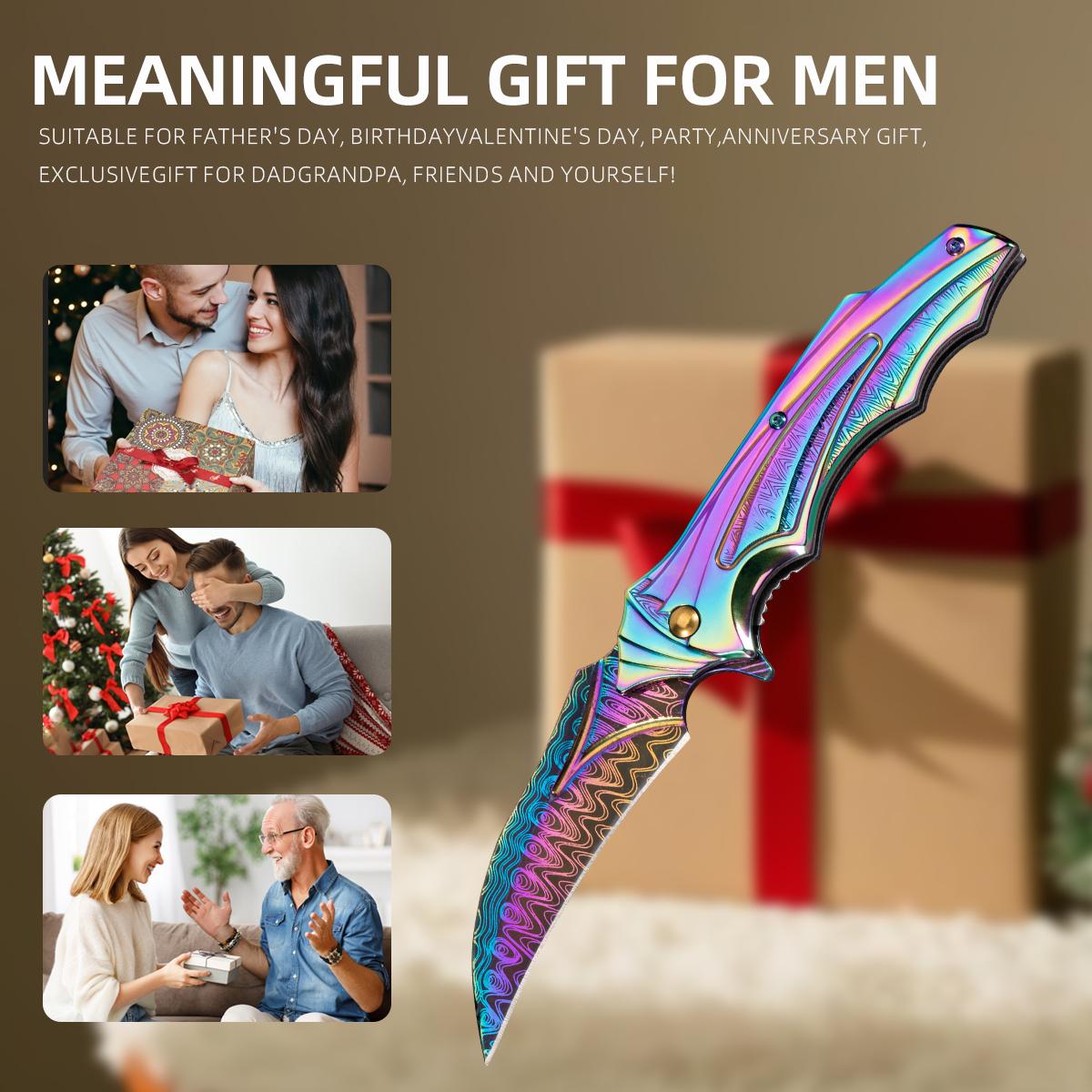 Vibrant Rainbow/Gold Damascus Folding Knife, Perfect for Hiking Camping & EDC