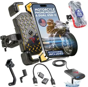 Motorcycle Phone Mount with 12V Dual USB-C Cell Phone Charger/from TV Sport Cycle Accessories / 1s Speed Phone Holder and Rapid USB-C Charger Waterproof Port/Mirror Mount & Rain Cover Included