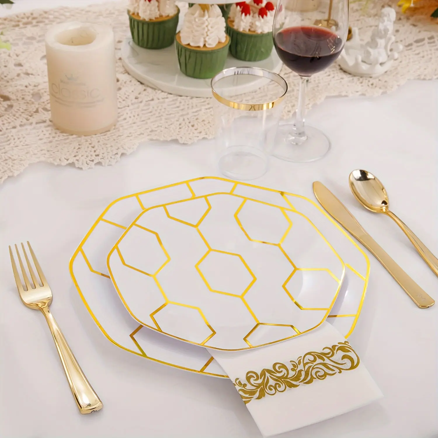 New 175pcs Party Pates Disposable Plastic Dinnerware set- 25 each for Dinner plate Dessert Plates Gold Silverware Cups and napkins for Party dinner Black  Pink  White Rectangle