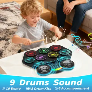 Kids Electronic Drum Set,Portable Roll Up Percussion Instrument for Beginners,9 Pad Electronic Drum with Bluetooth,LED Lights,Recording & Quiet Practice Music Gift for Kids