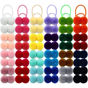 48 count/24 Pairs Candy Colors Cute Small Fuzzy Pompom Hair Ties Scrunchies Pom Pom Elastics Pigtail Ponytail Holders Fluffy Balls Rubber Bands Ropes Hair Accessories for  Girls