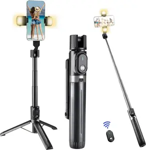 Selfie Stick with Rugged Tripod, Extendable 41 Inch Aluminum Alloy iPhone Tripod with Detachable Wireless Rechargeable Remote and Ring Light,360 Rotation Phone Holder for Smartphone (Rose-Pink) Accessories Adjustable Android Camera