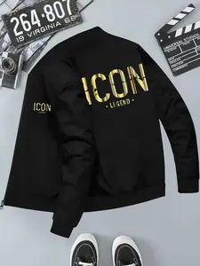 Street Style Icon Letter Print Stand Collar Jacket, Comfortable Loose Fit, Long Sleeve, Casual Slim-Fit, All-Season Outerwear