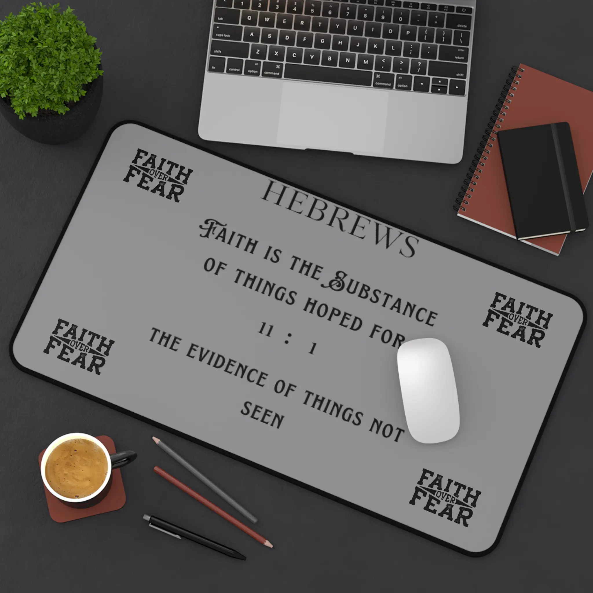 Faith-Inspired Desk Mat, Inspirational Office Accessory, Motivational Work Space Decor, Hebrews Verse Gift, Unique Desk Pad