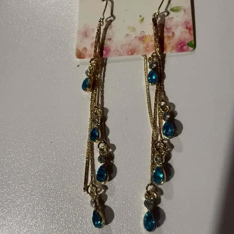 Dangle Gold Blue Stone Tassel Earrings