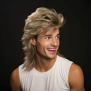 Men'S 70s & 80s Synthetic Mullet Wig - Funny Pop Rock Style, Straight Rose Net Cap, White Sleeveless Shirt for Costume Parties & Themed Events, Funny Wig, Themed Event Accessory, Retro Hairpiece, Durable Hairpiece
