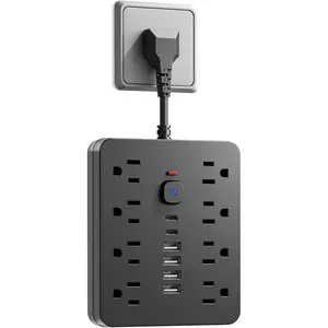 Power Strip Surge Protector -  Multiple Outlet Wall Plug with 8 AC Outlets, 6 USB Ports (2 USB C), Short Extension Cord, Flat Plug, Wall Mountable for Office  Travel Dorm, Black