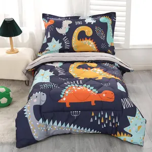 Bedding Sets for Boys Premium 4 count Dinosaur  Comforter Set Blue Grey  Bed Set, Super Soft and Comfortable for (Dark Blue)