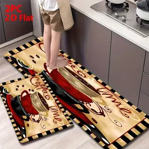 2/3 Piece Flannel Kitchen Mat Set, Vintage Hand-Drawn Coffee Time Design, Non-Slip, Absorbent, Home Decor