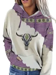 Vintage Western Aztec Print Hoodie for Women - Long Sleeve Drawstring Hooded Sweatshirt with Bull Skull Graphic, Boho Tribal Geometric Pattern Casual Pullover Top for Daily Wear, Street Style & Outdoor Activities