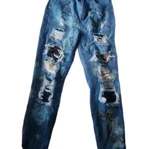 Handpainted Upcycled Denim Jeans with Patchwork and Positive Affirmation Design Ripped Style Womenswear Streetwear