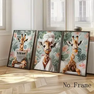 3pcs Giraffe Wall Art Animal Poster with Flower Background Hanging Painting Bathroom Decoration Modern Rural Style Home Frameless Canvas Painting