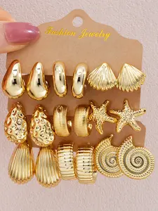 9 Pairs Bohemian Vintage Starfish Shell Teardrop Conch Earrings Set, Women's Daily Jewelry, Party Birthday Gift, Beach Vacation Accessory, Seashell Earring