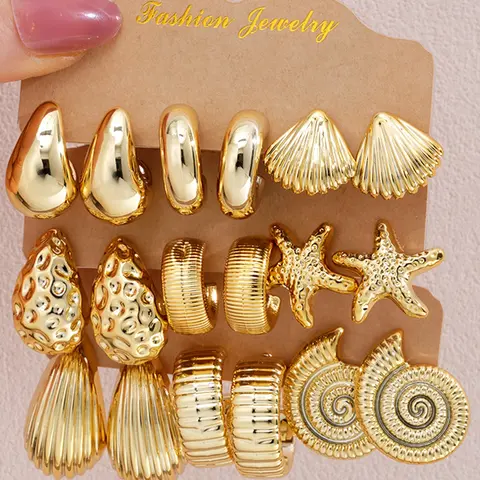 9 Pairs Bohemian Vintage Starfish Shell Teardrop Conch, Women's Daily Jewelry, Party Birthday Gift, Beach Vacation Accessory, Beachy Earrings