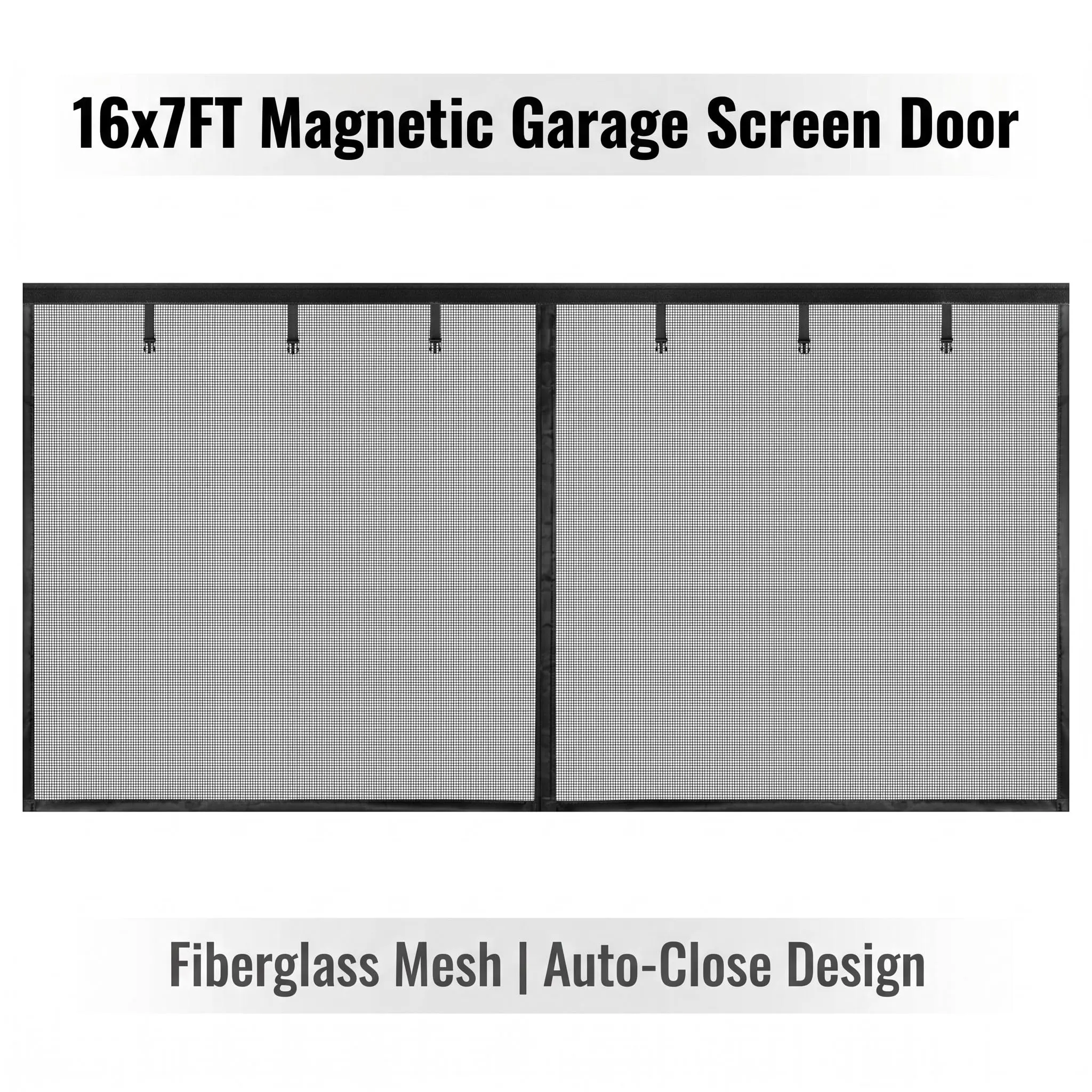 16x7FT Fiberglass Magnetic Garage Door Screen, Auto-Close Mesh Screen Door with Weighted Bottom, Hook & Loop Installation, Black Garage Curtain for Patio, Workshop & Pet Entry